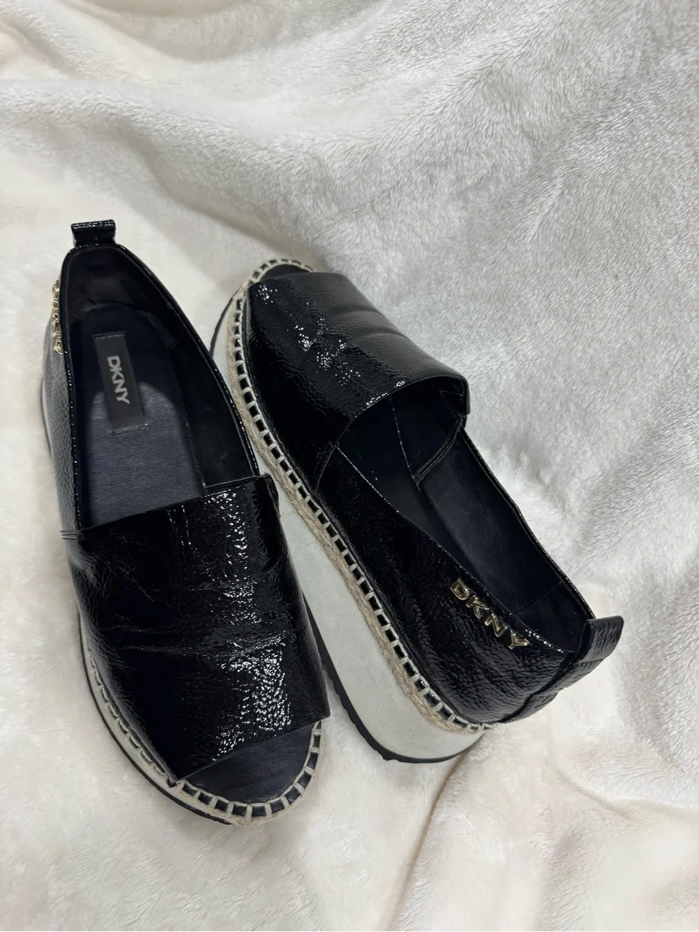DKNY Black Patent Leather Platform Espadrilles